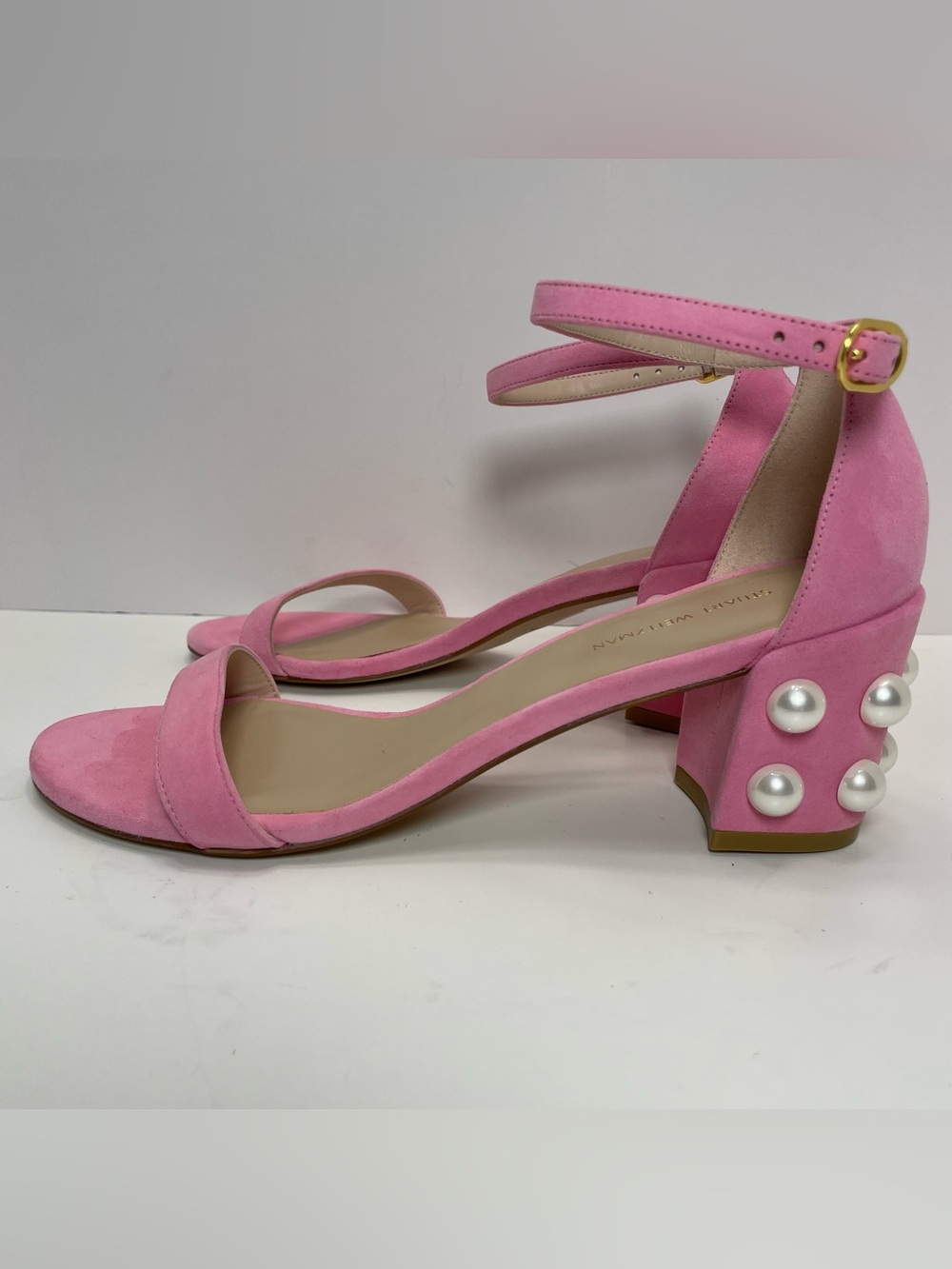 Stuart Weitzman Pink Pearl-Embellished Ankle-Strap Block Heels